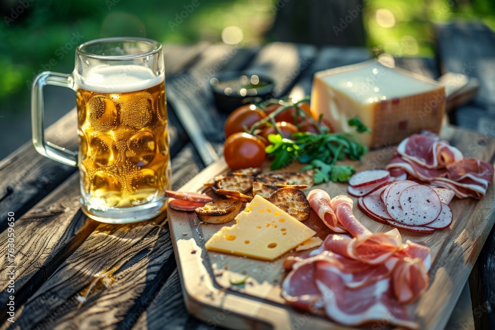 Freshly prepared appetizer on wooden bench with mug of beer and cheese and sliced ham on chopping board. Elevated view. Freshly prepared appetizer on wooden bench with mug of beer and cheese and sliced ham on chopping board. Elevated view.