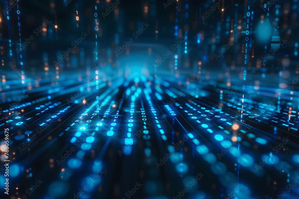 Abstract digital background with blue binary code and light streaks on black background, symbolizing technology and data transfer in cyberspace. This represents the flow of data in computer networks. Abstract digital background with blue binary code and light streaks on black background, symbolizing technology and data transfer in cyberspace. This represents the flow of data in computer networks.