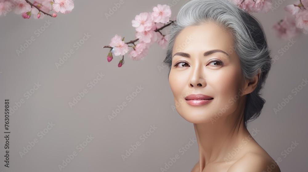 beautiful Asian woman 50 plus with natural makeup on a gray background with sakura flowers, concept of beauty and anti-age care