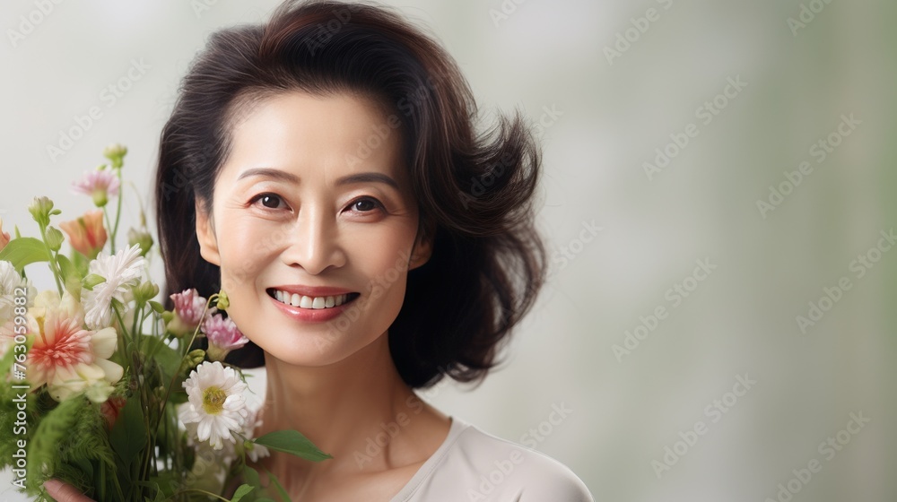 beautiful Asian woman 50 plus with natural makeup on a gray background with sakura flowers, concept of beauty and anti-age care beautiful Asian woman 50 plus with natural makeup on a gray background with sakura flowers, concept of beauty and anti-age care