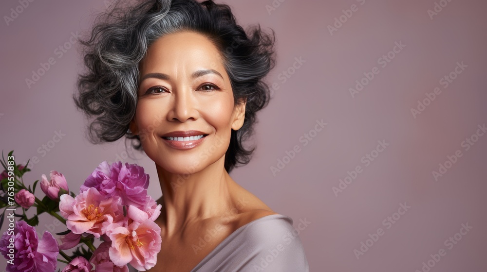 beautiful Asian woman 50 plus with natural makeup on a gray background with sakura flowers, concept of beauty and anti-age care beautiful Asian woman 50 plus with natural makeup on a gray background with sakura flowers, concept of beauty and anti-age care