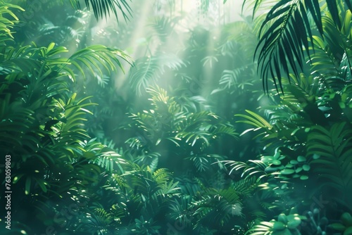 Sunlight filtering through dense jungle foliage. Ideal for nature and tropical themes