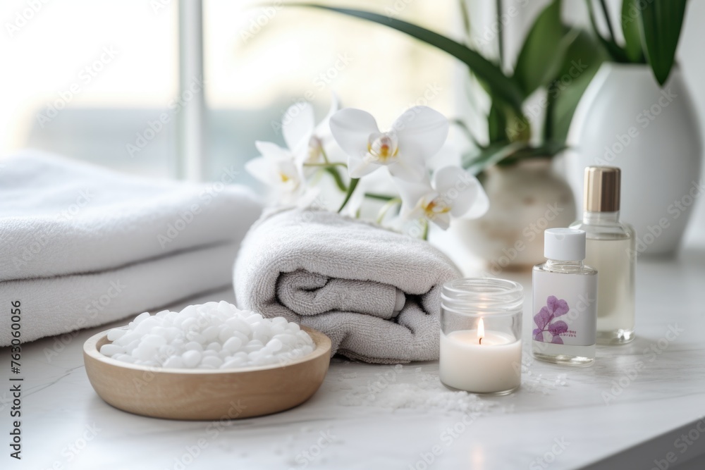 White towels and a candle on a table, suitable for spa or relaxation concept White towels and a candle on a table, suitable for spa or relaxation concept