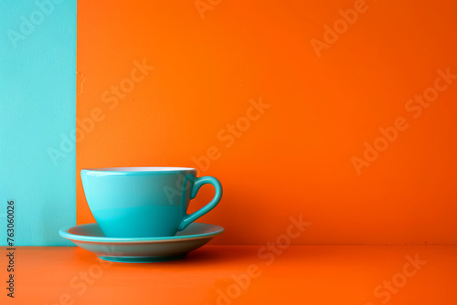 A blue coffee cup sits on a saucer on a table with an orange wall. the cup and saucer and the orange wall creates a warm and inviting atmosphere. Beautiful Cyan Coffee Cup over Orange Background
