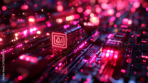 Futuristic Motherboard Landscape with Glowing Red Highlights and Warning Icons, Suitable for Technology Themes, Text "AI", AI-Generated