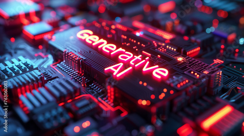 High-Tech Circuit Board with "Generative AI" in Bright Neon, Perfect for Conceptual Tech Backgrounds AI-Generated