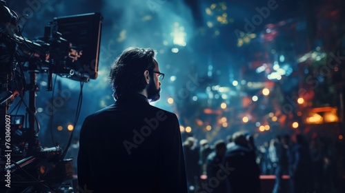 A man standing confidently in front of a large crowd. Suitable for business presentations