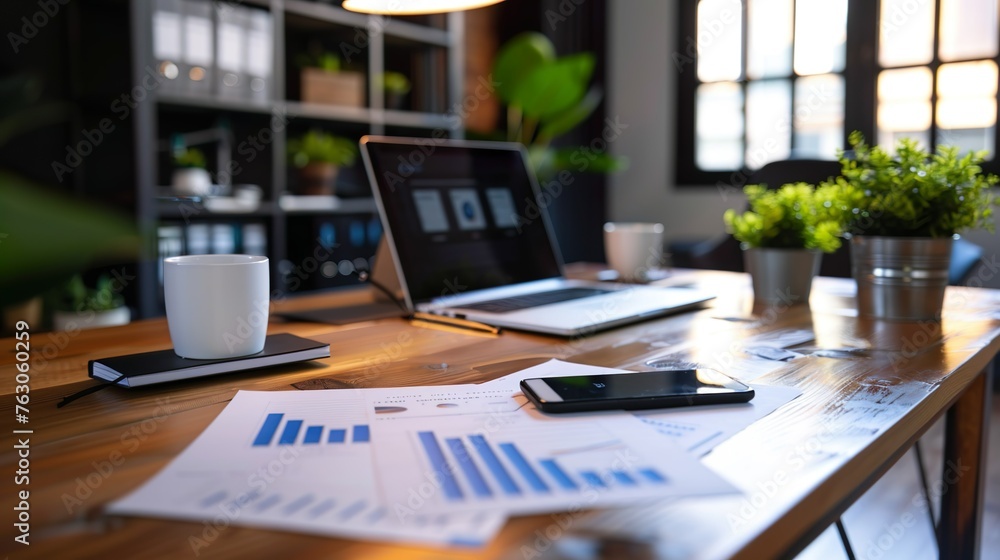 A modern office desk with a laptop and financial reports, ideal for adding a professional and productive atmosphere to designs A modern office desk with a laptop and financial reports, ideal for adding a professional and productive atmosphere to designs