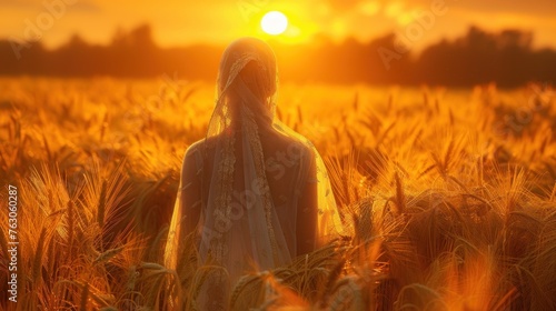 Indian woman stand in the middle of a field with ears of wheat at sunset, the Baisakhi holiday photo