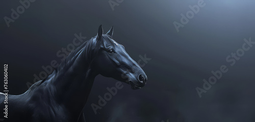 A striking black horse profile against a dark backdrop, full of mystery and nobility.