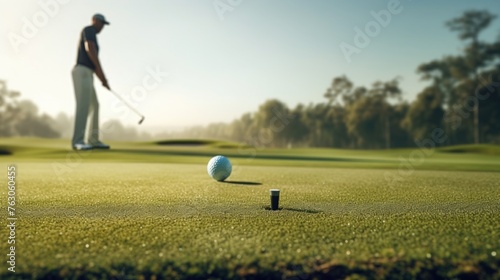 Golf ball and tee on a green golf course. Suitable for sports and recreation concepts