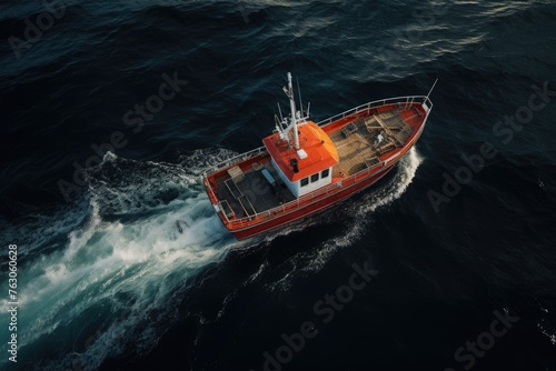 A small orange boat floating in the vast ocean. Suitable for travel and adventure themes © Fotograf