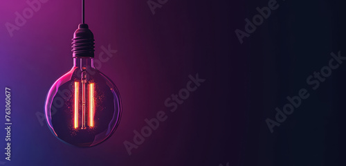 A neon glowing lightbulb hanging on a dark purple gradient background.