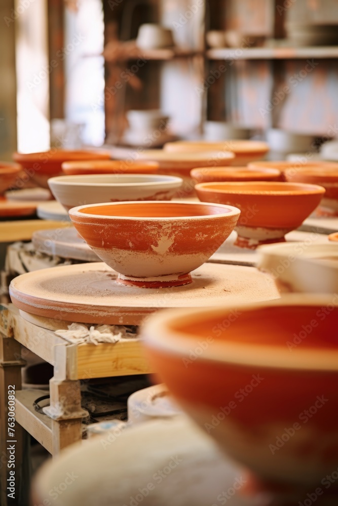 A bunch of bowls on a table, perfect for kitchen or dining concepts A bunch of bowls on a table, perfect for kitchen or dining concepts