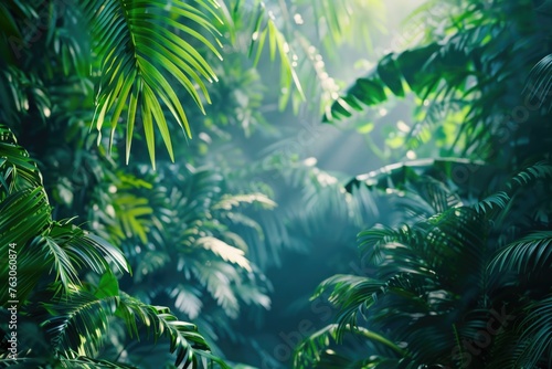 Sunlight shining through dense jungle foliage. Suitable for nature and travel concepts