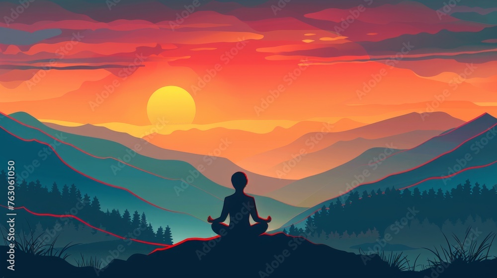 Sunrise over mountain landscape, silhouette of person meditating, mindfulness and nature concept illustration