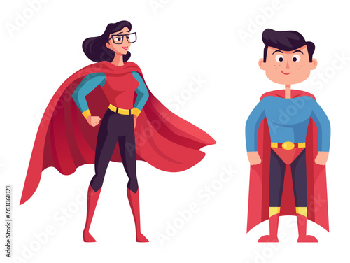 Boy and girl superhero in cloak vector illustration. Super heroes isolated on white background. Female heroine and male hero cartoon character