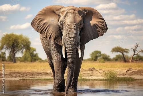 A majestic elephant standing in a body of water. Perfect for nature and wildlife themes