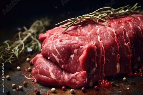 Fresh piece of raw meat garnished with a sprig of rosemary. Ideal for food and cooking concepts