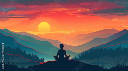 Sunrise over mountain landscape, silhouette of person meditating, mindfulness and nature concept illustration