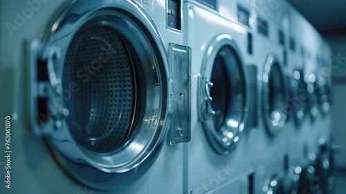 Row of industrial washing machines in a laundry room. Perfect for commercial laundry service advertisements