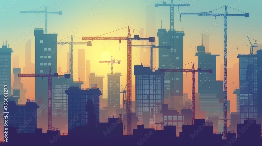 Urban cityscape with construction cranes and developing high-rise buildings, concept illustration