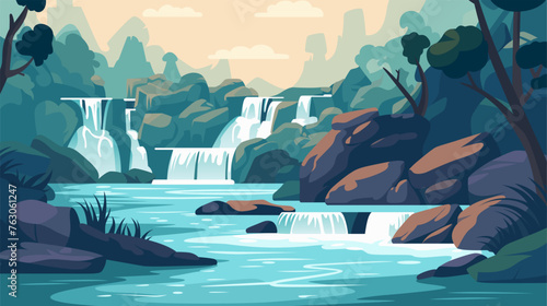 Cartoon Waterfall Landscape Background Card Poster Flat Design Nature Scene Adventure Travel. illustration