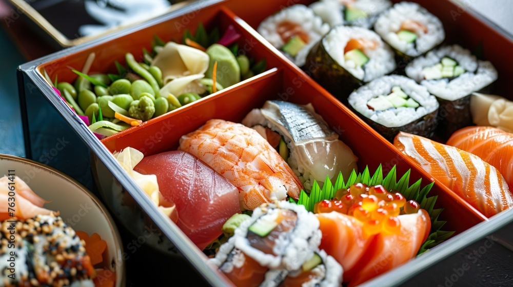 Elegant sushi platter showcasing an assortment of rolls and box Elegant sushi platter showcasing an assortment of rolls and box