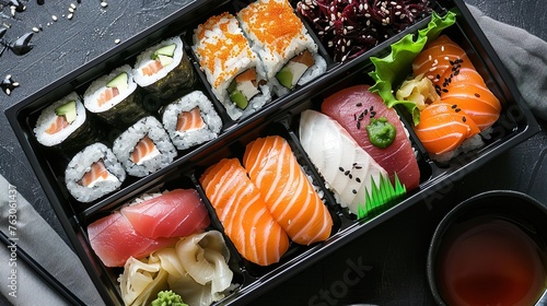 Elegant sushi platter showcasing an assortment of rolls and box