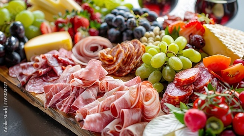 Artfully arranged board with a variety of meats, cheeses, and fruits