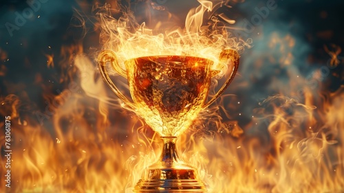 Winner trophy with flames and dynamic motion blur background, 3D illustration