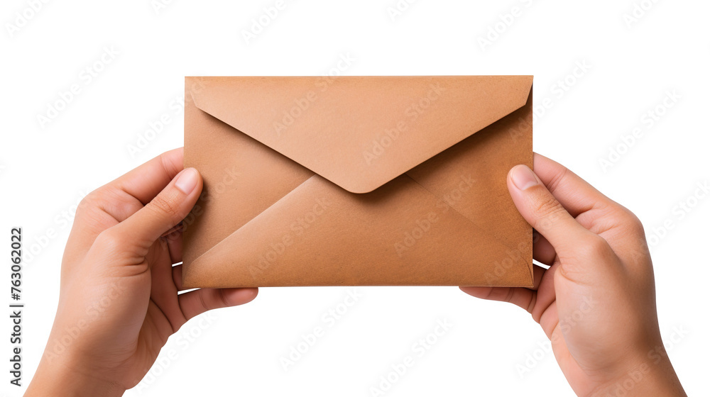Hand holding envelope isolated on transparent background Remove png, Clipping Path, pen tool