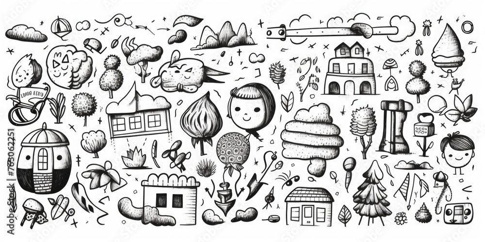 A collection of various objects in a black and white drawing. Suitable for graphic design projects A collection of various objects in a black and white drawing. Suitable for graphic design projects