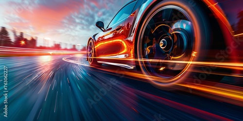 A car is speeding down a road with a bright orange wheel. Generative AI © Natee Meepian