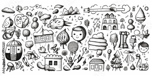 A collection of various objects in a black and white drawing. Suitable for graphic design projects