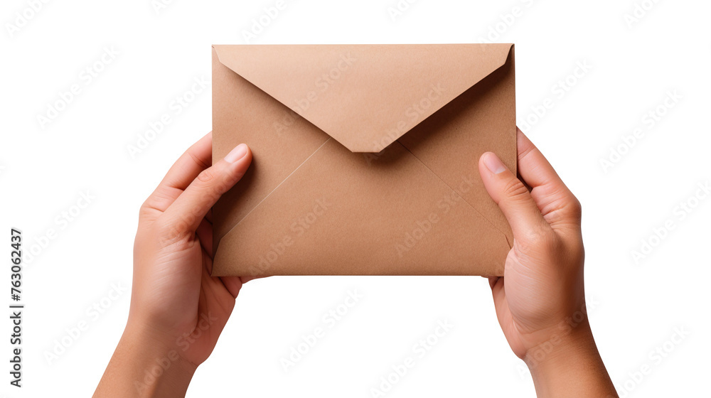 Hand holding envelope isolated on transparent background Remove png, Clipping Path, pen tool