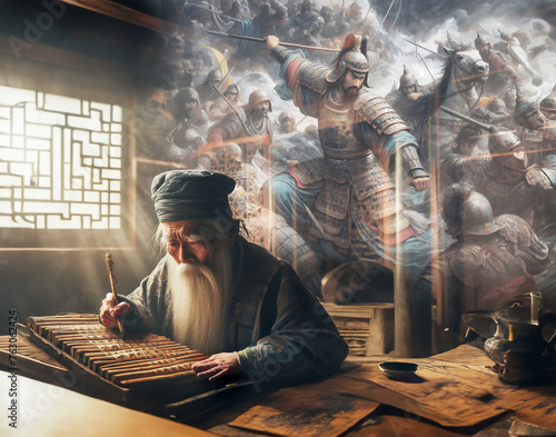 Old chinese man in ancient China writing a book about his knowledge and experiences in the battlefield.