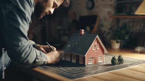 A man sitting at a table with a model of a house. Perfect for real estate concepts photo