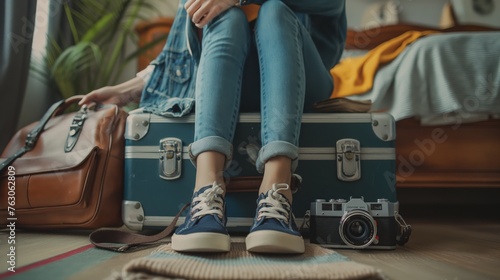 girl sitting on a suitcase