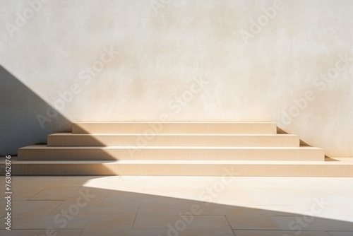 Bright sunlight casting shadows on a minimalist beige staircase design. Sunlit Staircase in Minimalistic Style