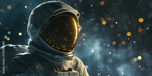 Close up image of astronaut and helmet on space background A man in a space suit admiring the stars. Perfect for astronomy enthusiasts or science-related projects