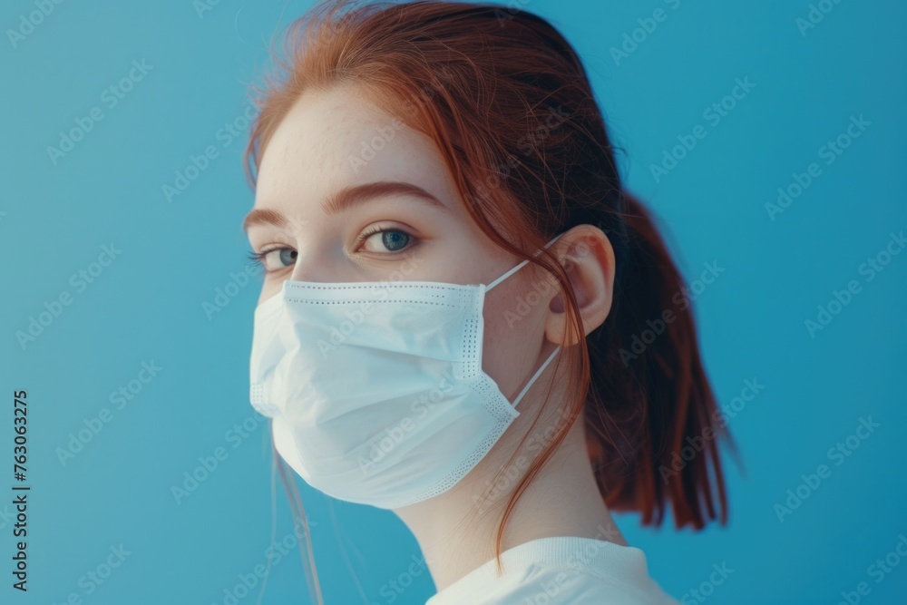 A woman wearing a face mask against a blue background. Suitable for healthcare concepts A woman wearing a face mask against a blue background. Suitable for healthcare concepts