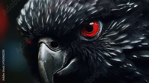 Close-up image of a black bird with striking red eyes. Suitable for various dark and mysterious themes