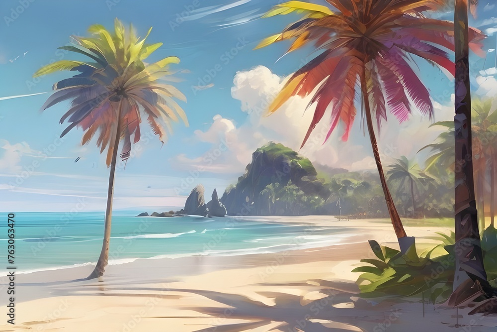 a lot of shining palms at a wonderful beach, anime painting, Generative AI