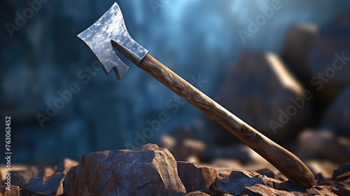 A large axe sitting on top of a pile of rocks. Suitable for outdoor, adventure, and survival themes photo