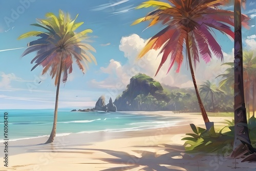 a lot of shining palms at a wonderful beach  anime painting  Generative AI