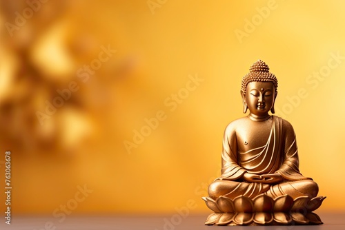 Buddha statue on golden background and copy space - generative ai