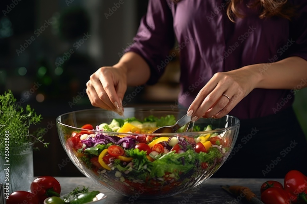 A woman is seen preparing a fresh salad in a bowl. Perfect for food and healthy eating concepts