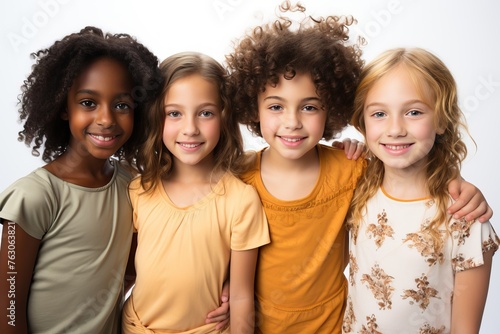 Portrait of four girls on a white background, three Caucasian girls and one African. photo
