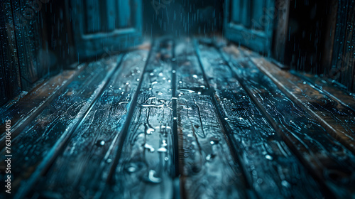 a wooden floor with water drops on it in a dark room photo